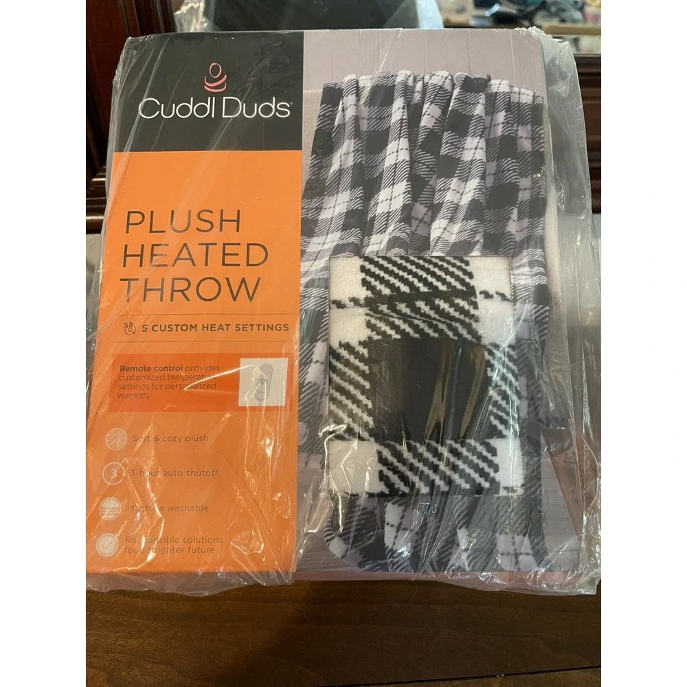 Cuddl Duds Plush Heated Throw Blanket Black White‎ Buffalo Check Hygge Farmhouse